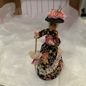 Floral Peg Doll w Parasol Handmade 1990s Made in England